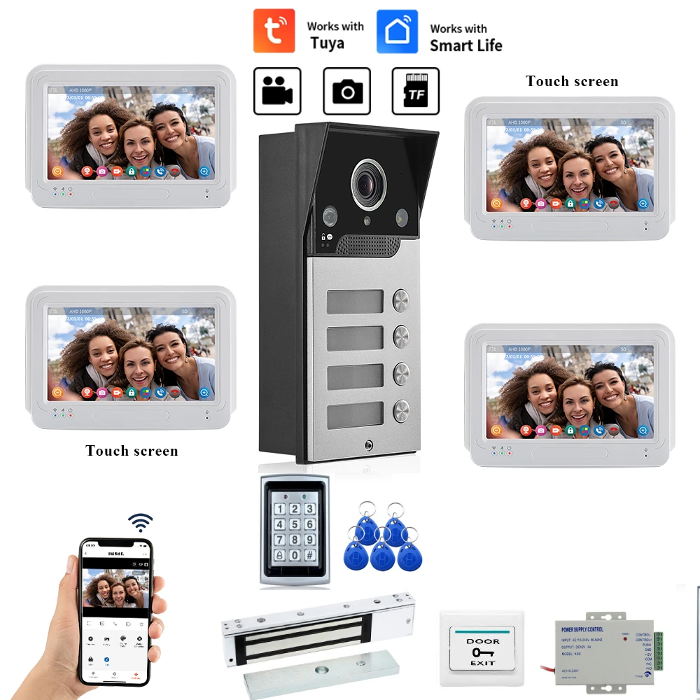 7 Inch Wifi Video Door Bell Intercom System with RFID Doorbell Camera 2/3/4 Family Multi nits Apartment Video Door Phone Interco