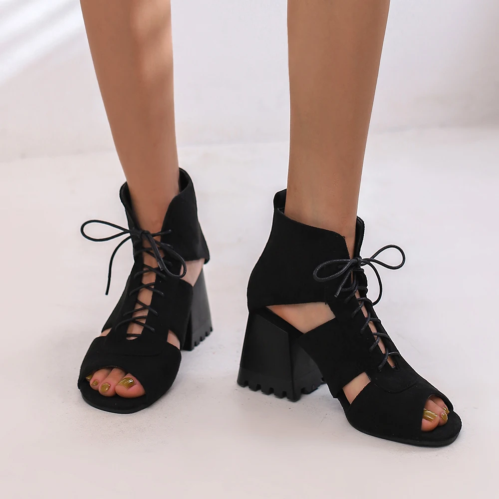 Fashion Peep Toe Ankle Boots For Women Sandals Shoe Sexy Denim High Heels Platform 2023 Summer Women Leopard Lace Up Shoes 41 42