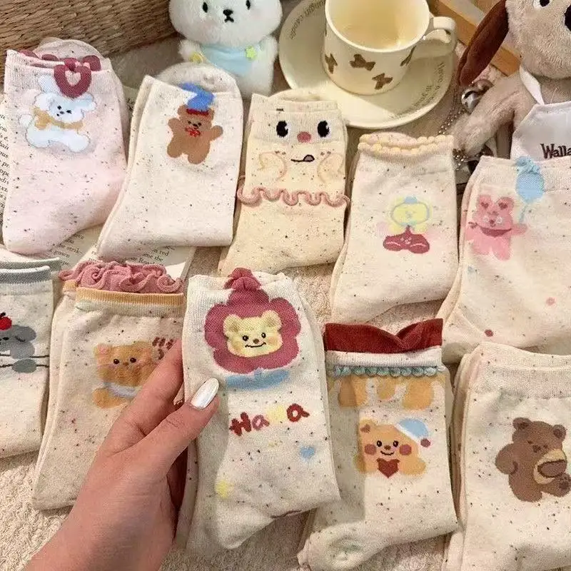 

10 Pairs Women's Sweet and Cute Double-layer Lace Cartoon Love Bear Socks with Personality and Niche College Style Tube Socks