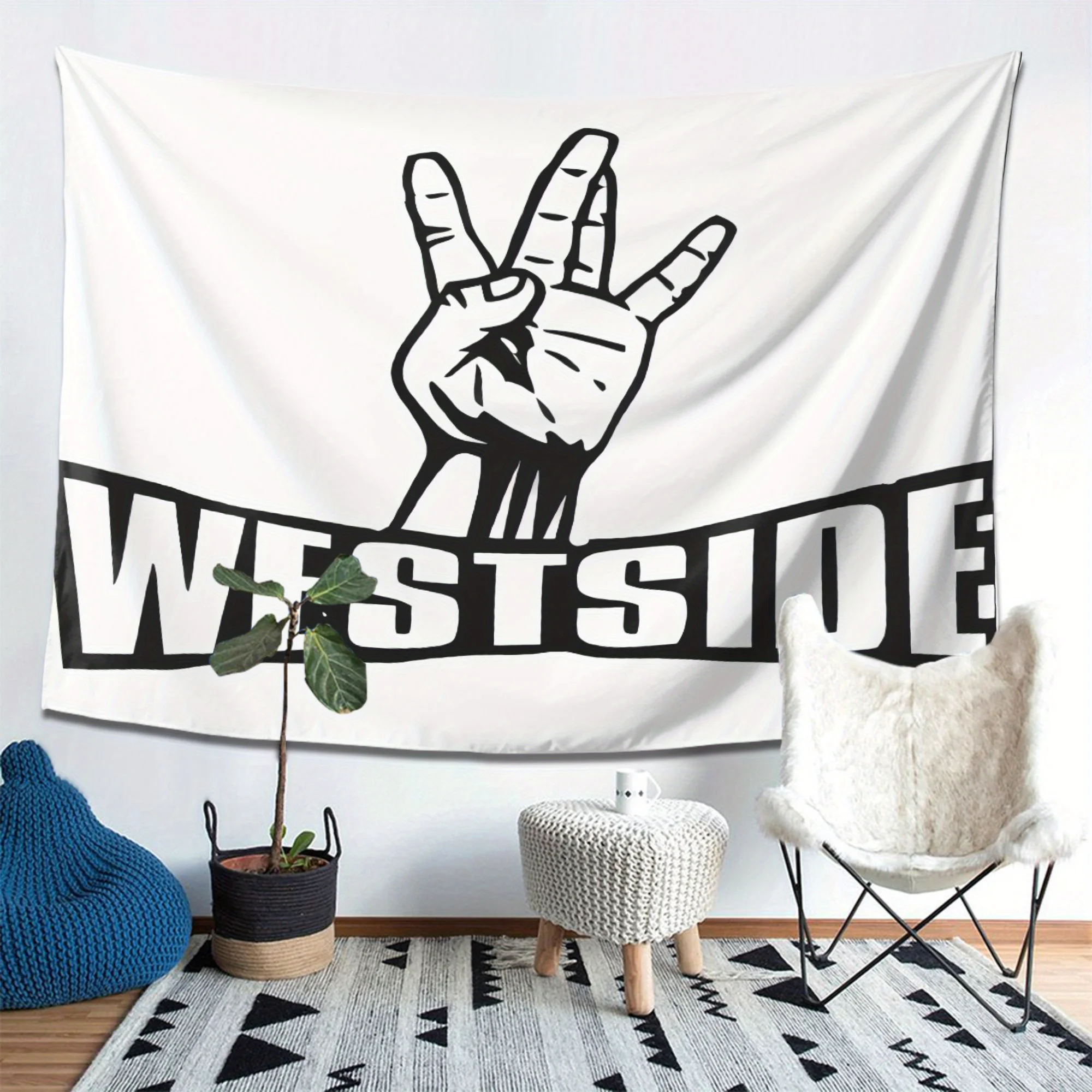 Westside Graphic Wall Hanging - Bold Black and White Gesture Art, 100% Polyester Peach Light Beige Fabric, Hanging Decor
