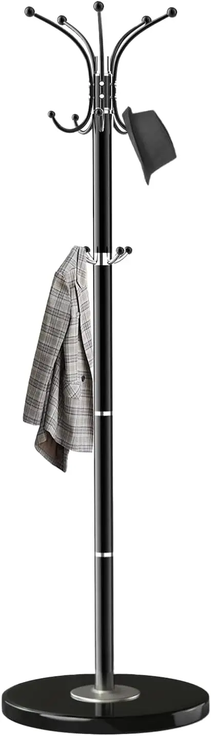 Coat Rack with Natural Marble Base, Metal Freestanding Coat Racks with 14 Hooks, 360°Rotary Coat Rack Stand for Hanging