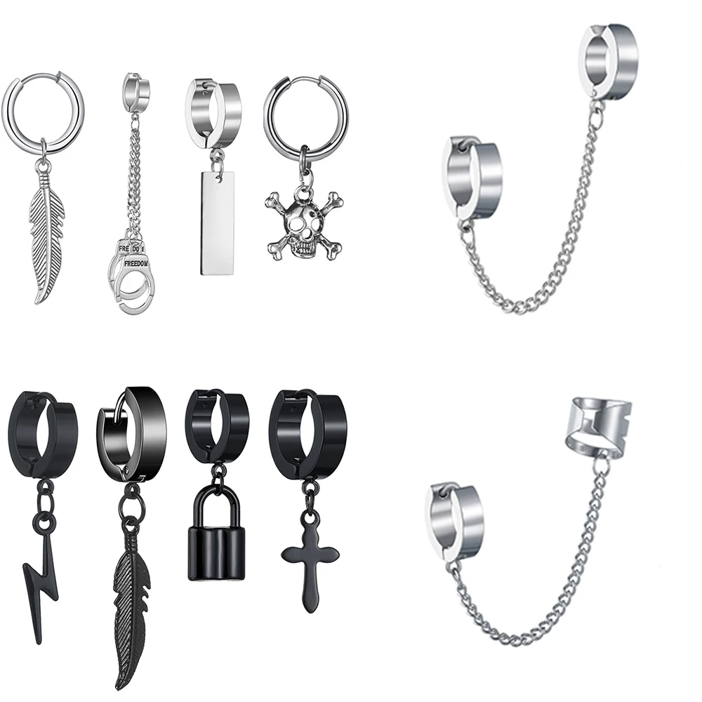 Trendy Women Gothic Hoop Earrings Leaf Skull Lightning Lock Long Chain Earrings For Cool Male Female Party Ear Jewelry Gift 1Pcs