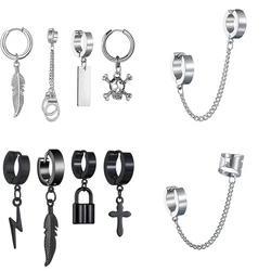 Trendy Women Gothic Hoop Earrings Leaf Skull Lightning Lock Long Chain Earrings For Cool Male Female Party Ear Jewelry Gift 1Pcs