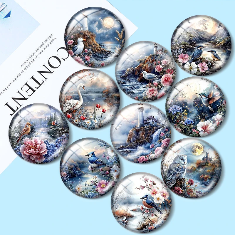 

Watercolor Spring Scene by Night 10pcs 12mm/16mm/18mm/30mm Round Photo Glass Cabochon 25mm Demo Flat Back Making findings