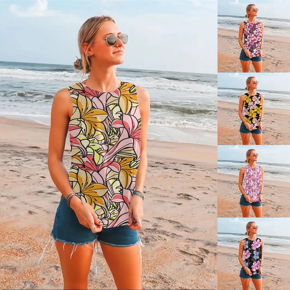 Elegant And Fashionable Colorful Flower Pattern Round Neck Vest Summer Beach Seaside Casual Refreshing Sleeveless Vest