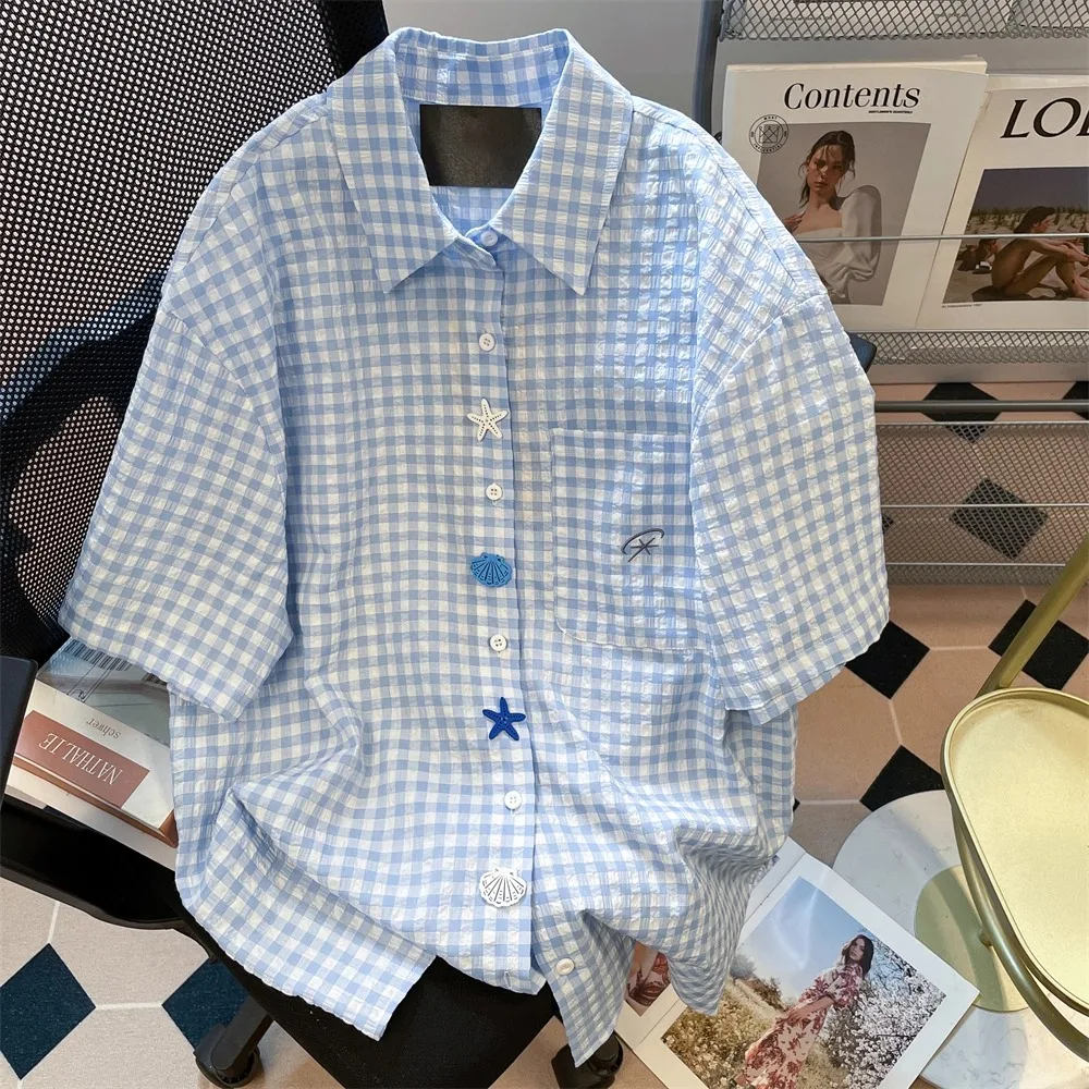 

Loose Casual Women's ort Sve irt Korean College Sle Fun Button id Pattern Summer Lightweight Ne Top Coat