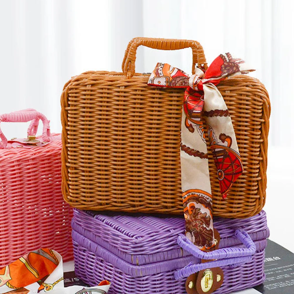 Imitation Rattan Suitcase Makeup Woven Picnic Hamper Simulated Retro Style Storage Basket Wicker