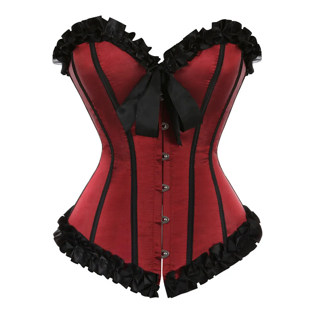 Women Burgundy Satin Sexy Overbust Corset Red Pink Black White Blue Waist Bustier Top Vintage Lace up Boned Korsett Body Shaper