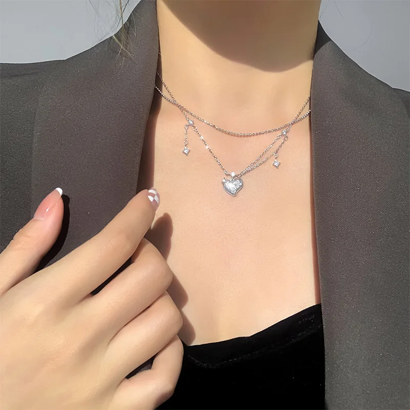 New  925 Sterling Silver Heart-Shaped Double Layered Tassel Necklace For Women Exquisite Cross Star Collarbone Chain JewelryGift