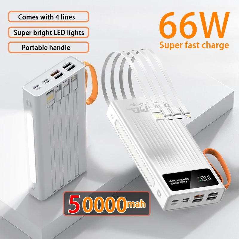 50000mAh Large Capacity with LED Lights Built-in Cable 66W Super Fast Charging Power Bank for Huawei Samsung IPhone Xiaomi