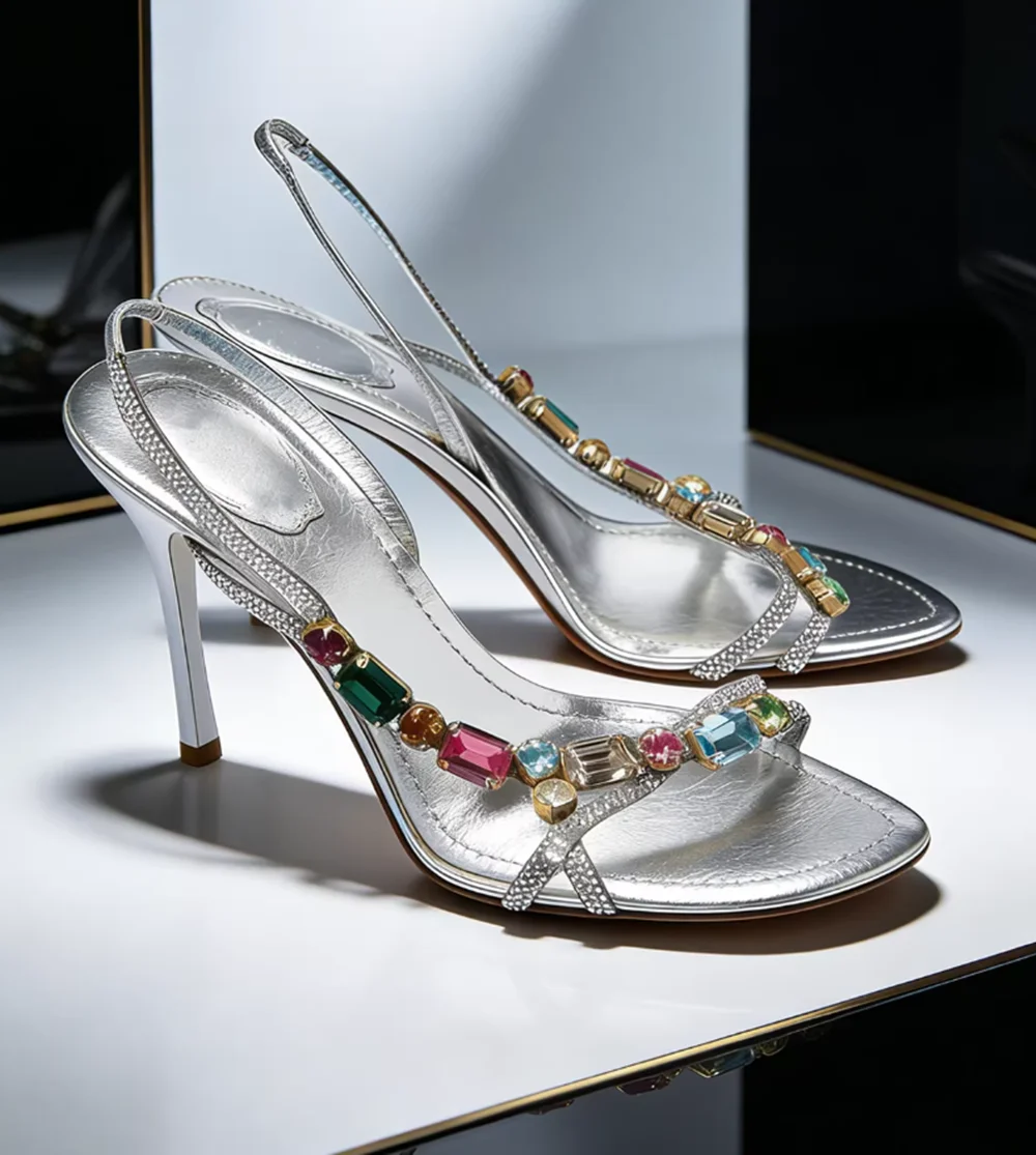 

Silver Metallic Crystal-Embellished Sandals Multicolor Gemstone Straps Stiletto Heel Elegant Summer High-Fashion Lady Sandals