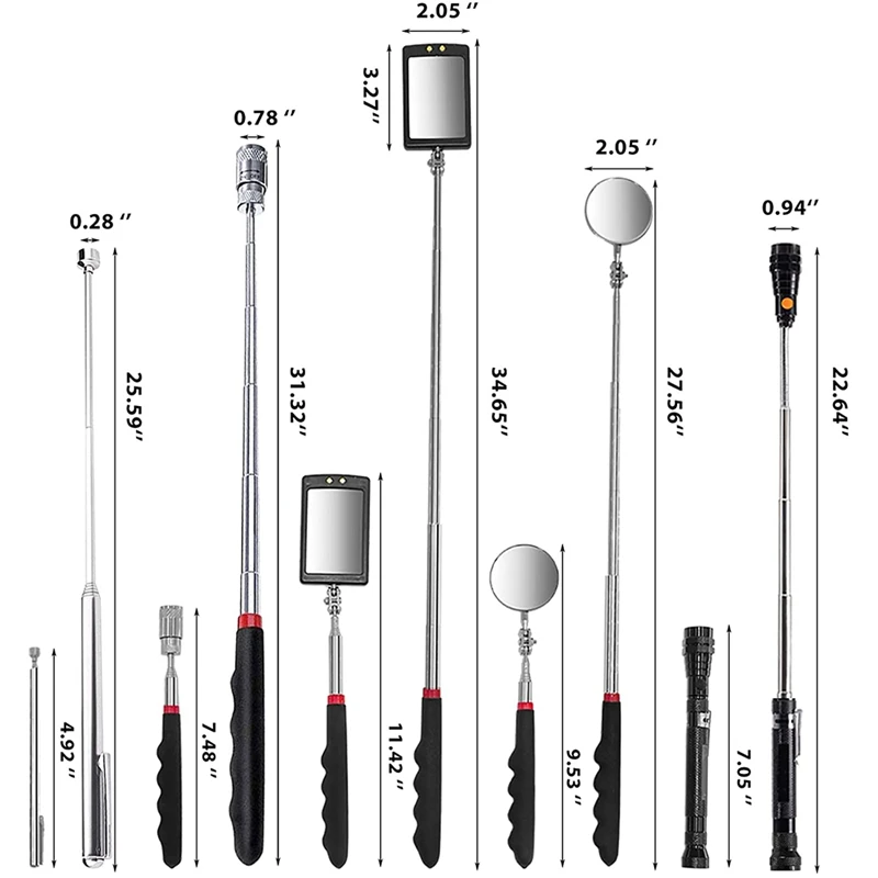 Retractable Magnetic Pickup Kit 360-Degree Rotating Adjustable Inspection Mirrors And Retractable Flexible Flashlights