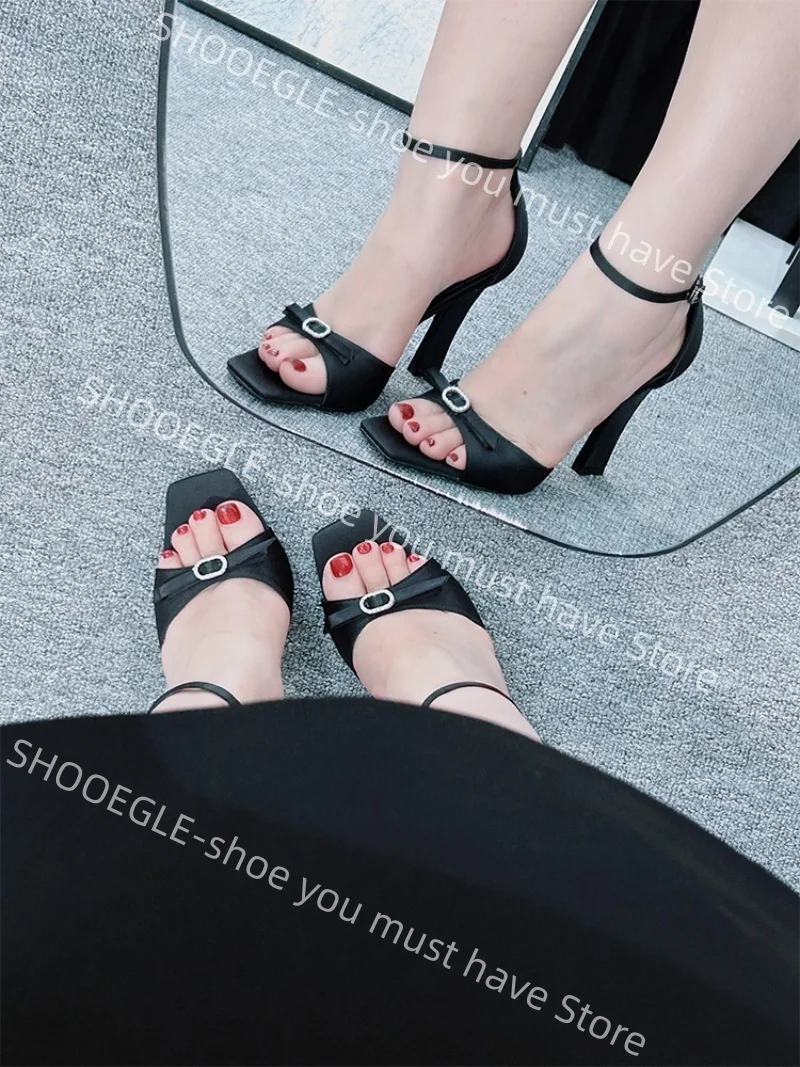 Women Black Satin Square-Toe Block Heel Sandals Rhinestone Bow Ankle Strap Modern Design Elegant Ladies Office Daily High Heels