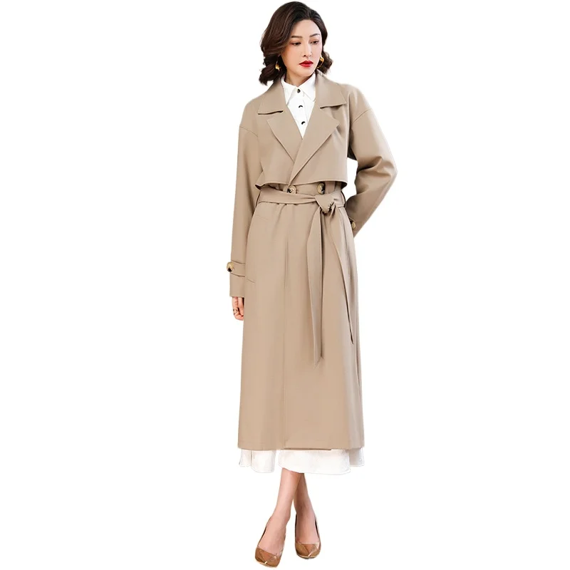 

2025 Spring Trench Coat for Office Lady Double Breasted Jackets Korean Turn-down Collar Long Coat Women Outwear Adjustable Waist