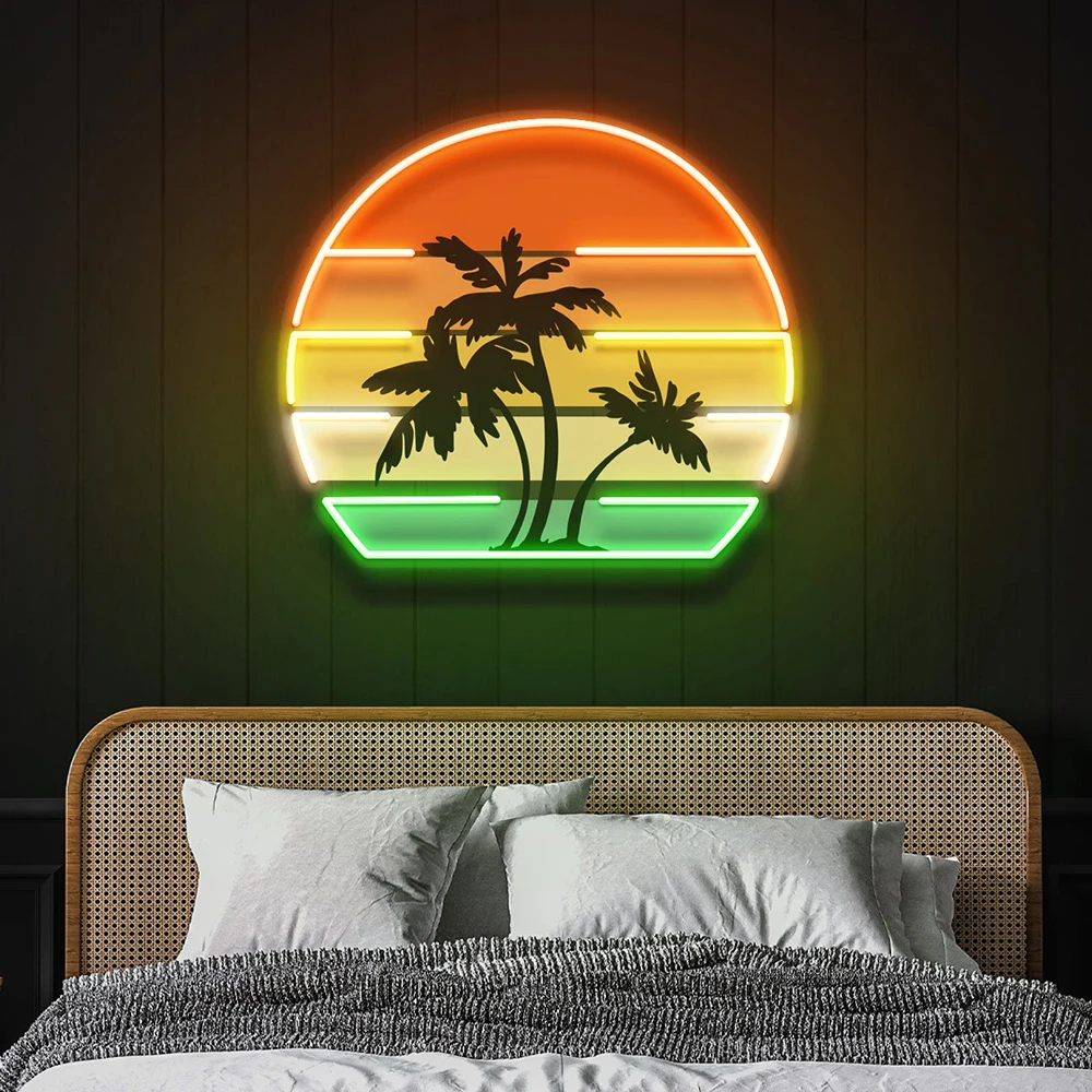 Pohon palem matahari terbenam Vintage Retro tropis lampu tanda Neon Led lampu Neon kustom untuk dekorasi ruang tamu desain Neon