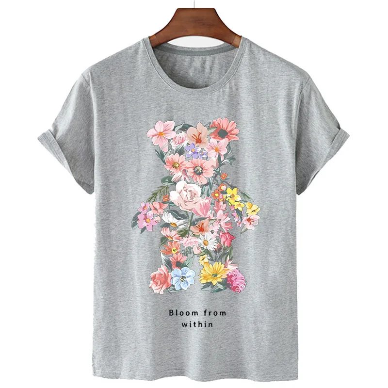 100% Cotton Bear Print Shirt Short Sleeve O Neck Loose T Shirt Women's Summer Casual Top T Shirt Men's and Women's S-4XL