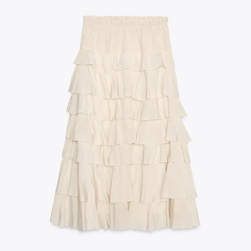 

Spring Summer Slim Fit Midi A-Line Skirt Decorative Layered Design High Waist Polyester Fiber Ci Walk Casual Sle Skirt