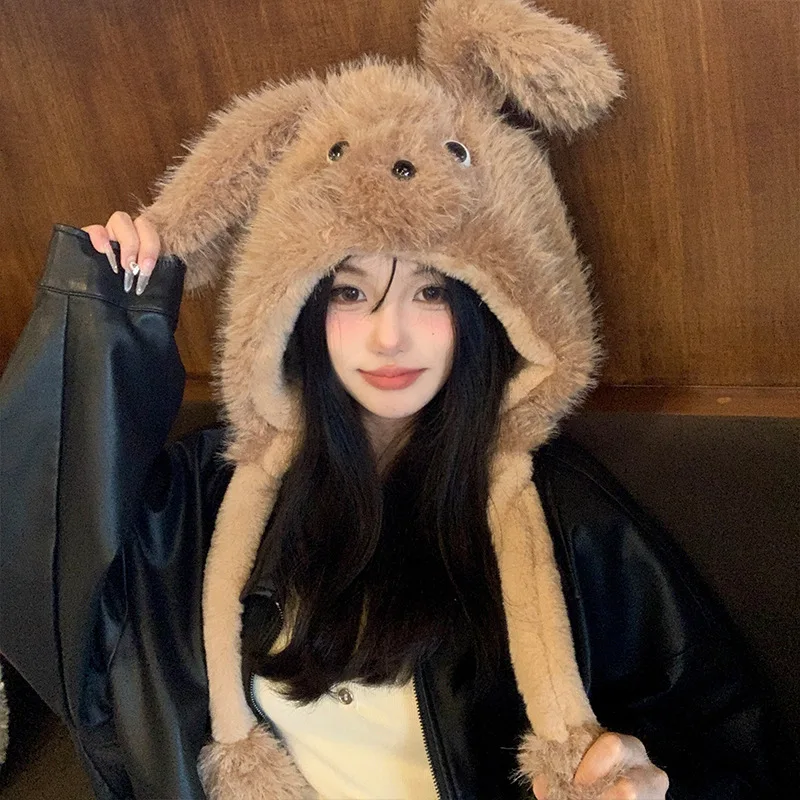

Fashionable Inflatable Ears with Moving Plush Fur Hat for Women Adorable Puppy-style Fluffy Cartoon Ear-warming Hooded Beanie