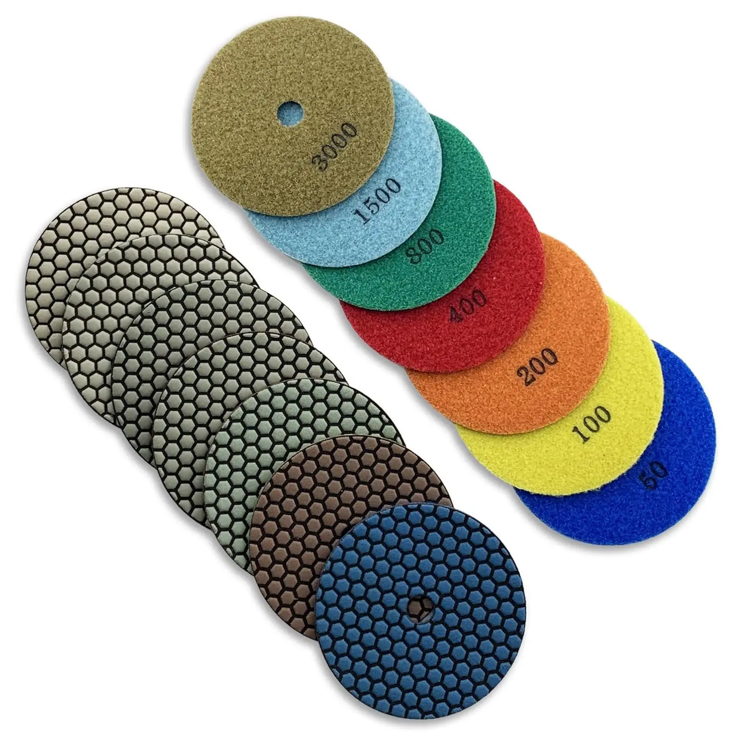 Stone/Concrete Polishing Pads Set (50, 100, 200, 400, 800, 1500, 3000 Grit) - 1.5mm Segment Height, Honeycomb Style for Granite,