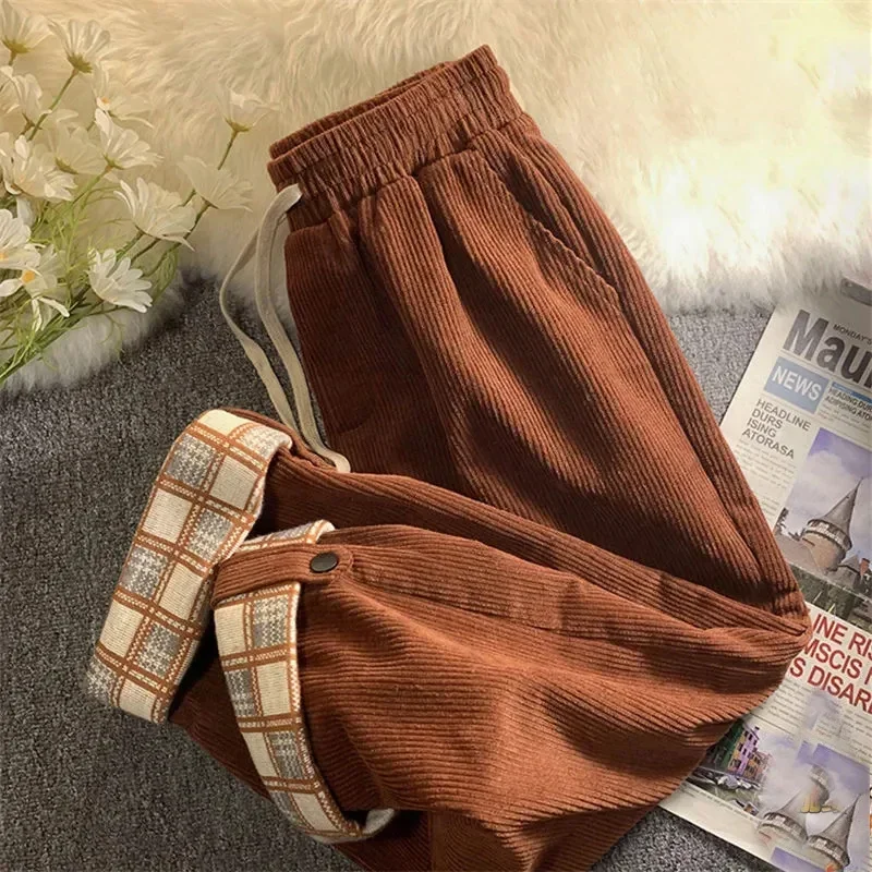 GIDYQ Fashion Corduroy Wide Leg Pant Women Korean Loose Patchwork Straight Trousers Casual High Waist Chic Plaid Drawstring Pant