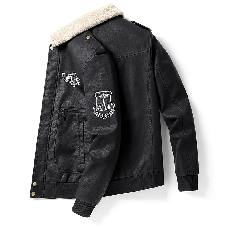 Men's Bomber Motorcycle Leather Jacket Vintage Fleece Faux Leather Jacket Gifts