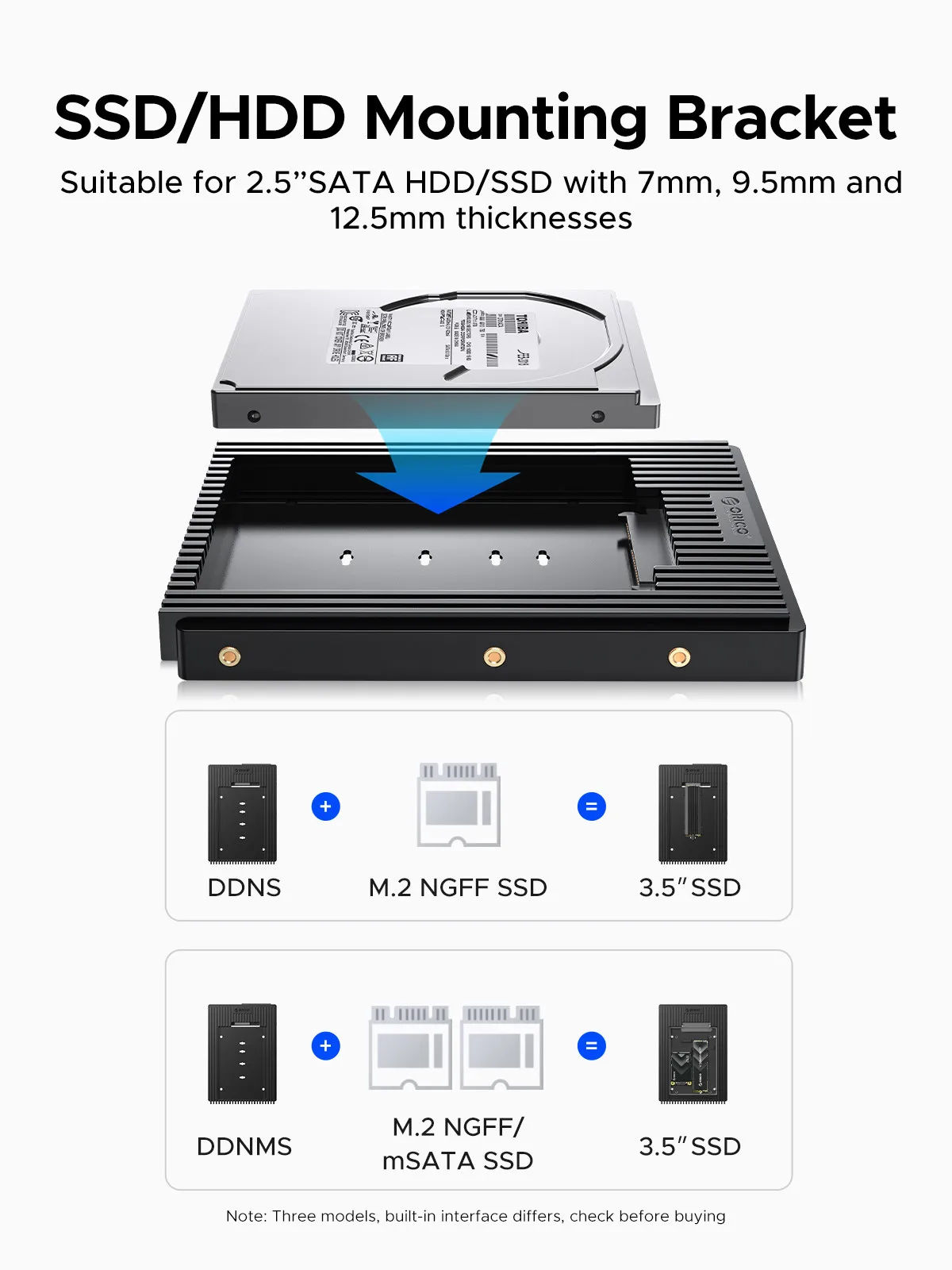 محول علبة القرص الصلب الداخلي ORICO يحول 2.5 بوصة SATA mSATA NGFF SSD إلى 3.5 بوصة علبة دعامة تركيب محرك خليج مع SATA 3.0