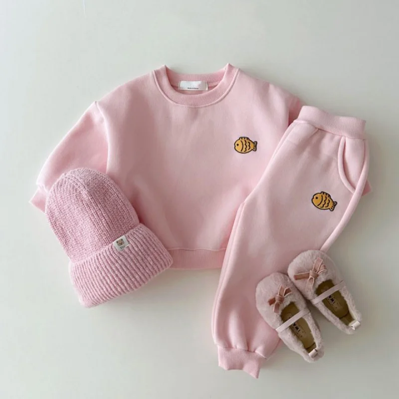 Long Sleeve Children's Clothes Set Outfits for Girls Boys Clothing Cute Baby Kids Fish Embroidery Sweatshirt Trousers Suit New