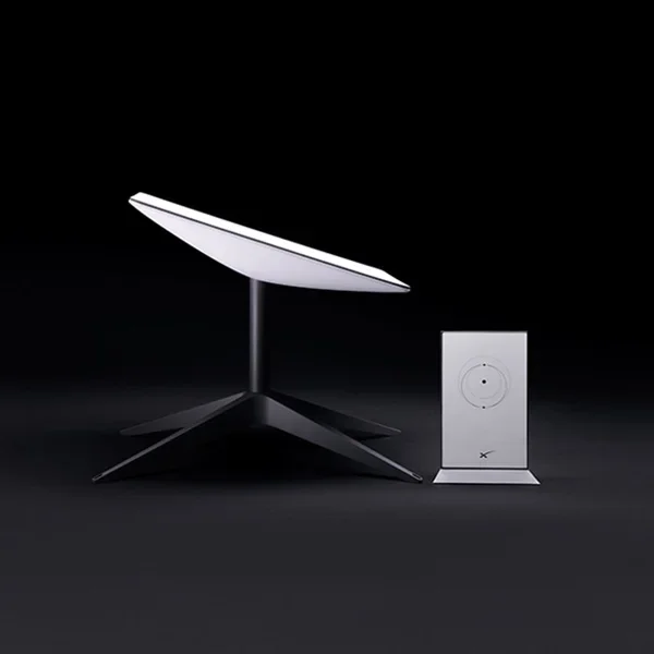 Wireless satellite communications starlink from US to Worldwide X with rectangular dish router and pipe adapter