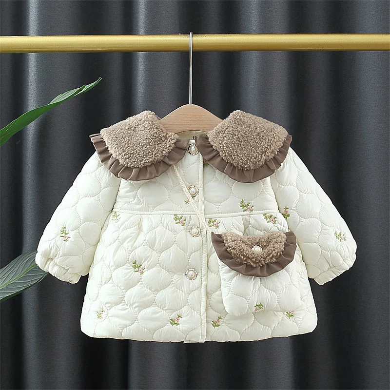 Autumn Winter Toddler Girl Jacket Korean Style Fashion Cute Fleece Doll Collar Newborn Coat+Bag Baby Clothing Kids Clothes BC858