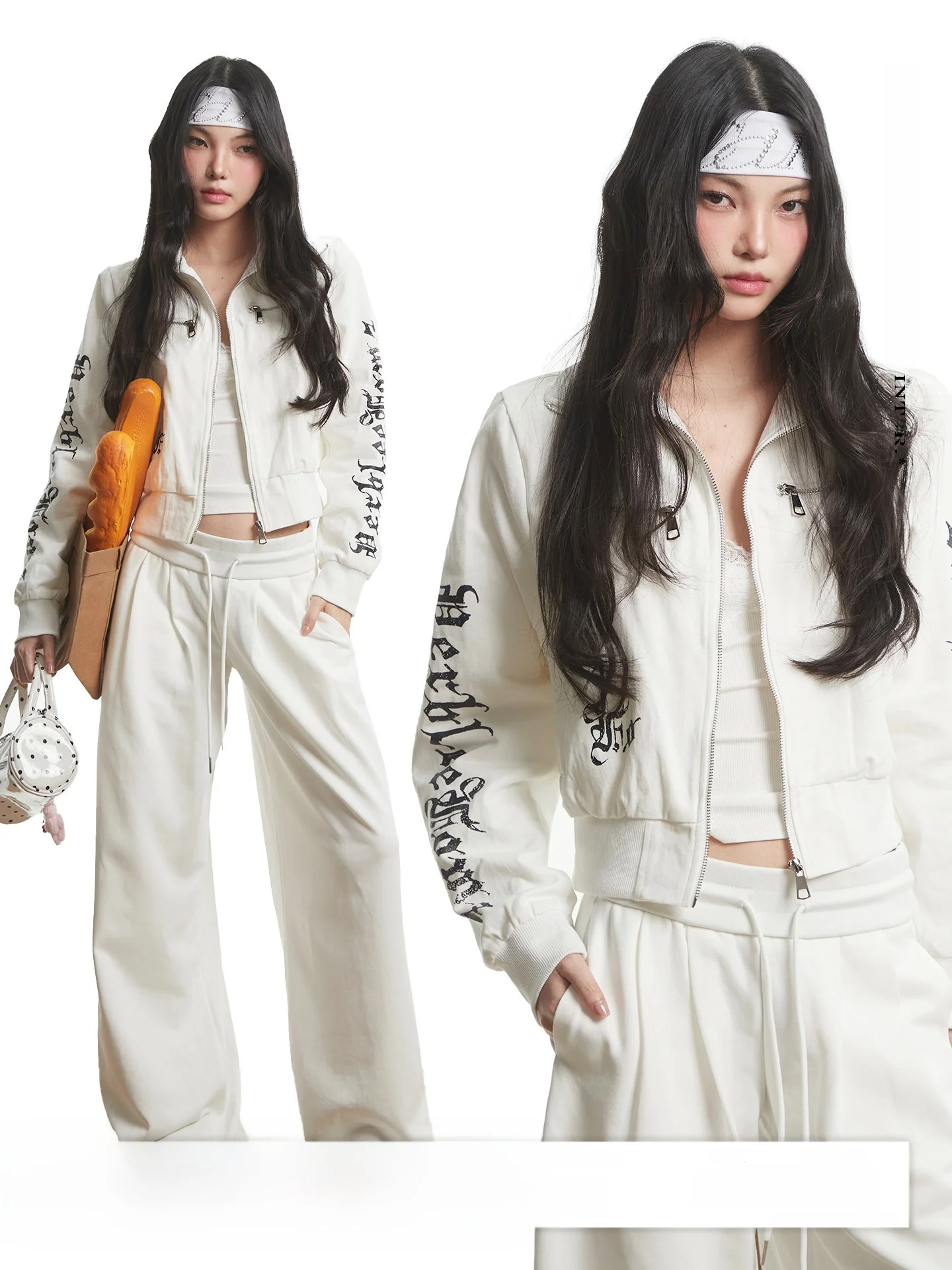 

White ort Printed Casual Cardigan Spicy Girl Pure Desire Outerwear Uncmhisex Women's Faion Stand Fit Long Sve Zipper