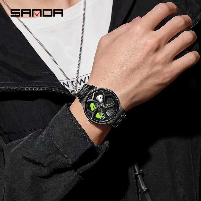 SANDA 1087 Men\'s Quartz Watch Fashion Green Rotating Car Wheel Dial Design Dial Waterproof Stainless Steel Male Wrist Watches