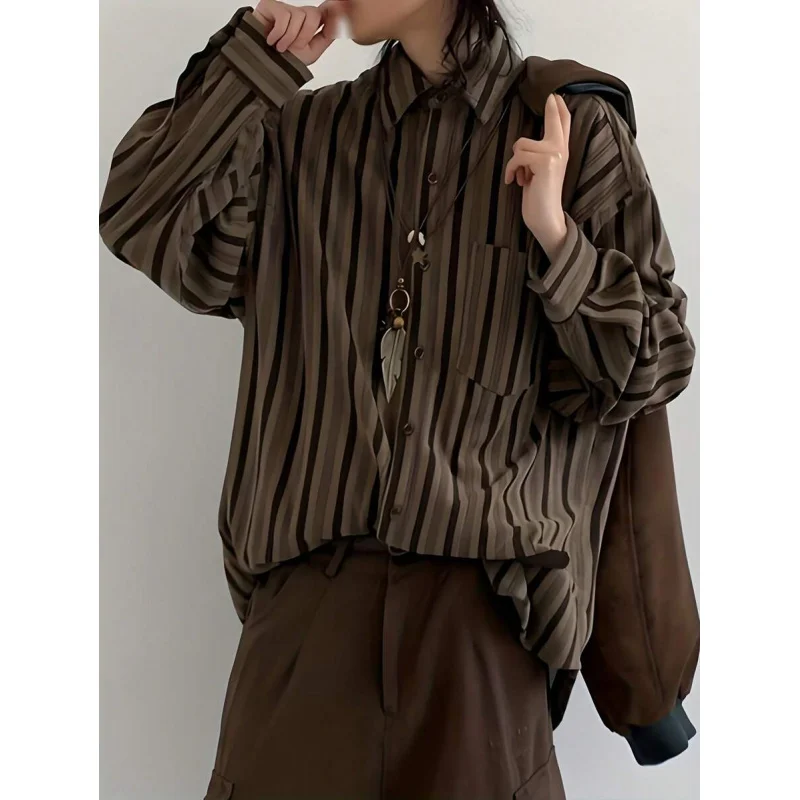 

Men's Women's Corduroy Shirt Jacket Brown Beige Vertical Stripes Button Front Blazer Spring Autumn Casual Long Sleeve Overcoat