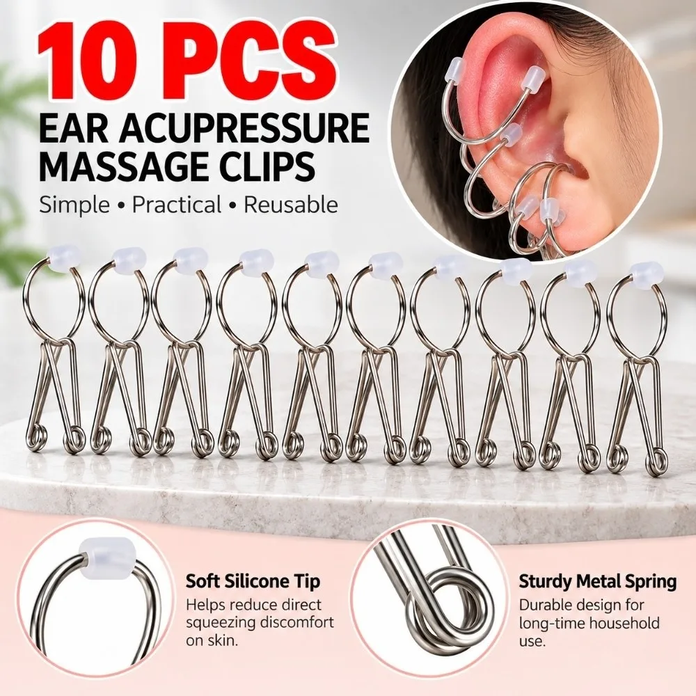 10Pcs Metal Ear Acupressure Clips Silver Tone Loop On Design Ear Reflexology Massage Clips Silicone Tip Reusable
