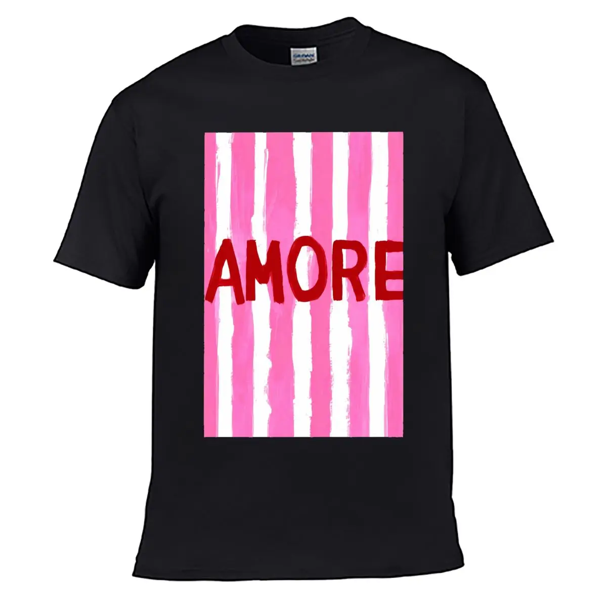 AMORE Pink Vertical Stripe Brush Stroke Art Loose Vintage Distressed Washed Casual Tee