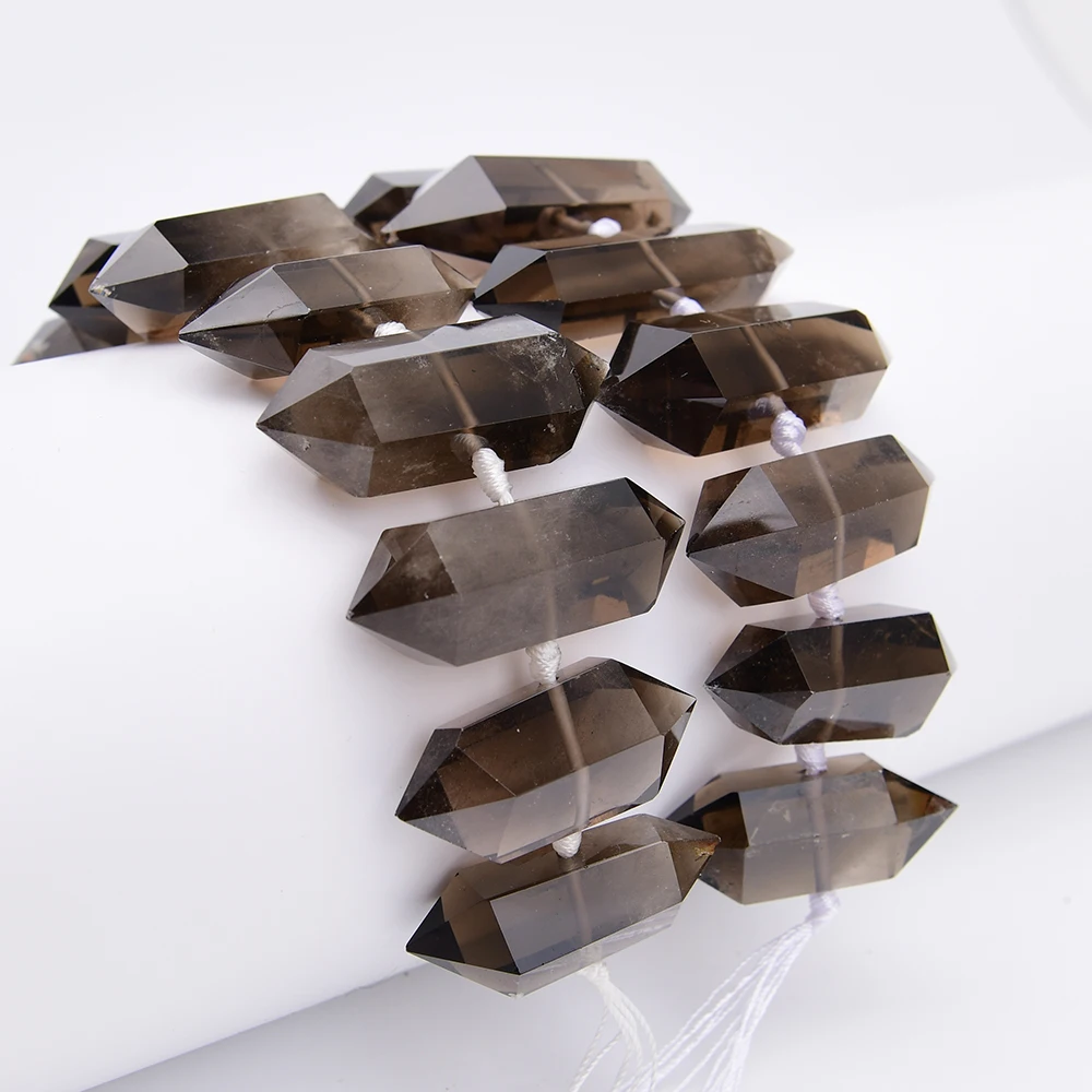 APDGG Large Size Natural Smoky Quartz Crystal Double Point Cutting Nugget Loose Pendant Beads 8'' Strand Jewelry DIY