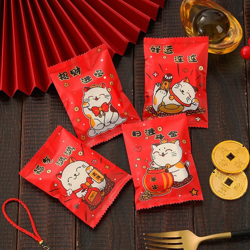 100Pcs Lucky Cat Pattern 2026 Chinese New Year Snowflake Crispy Packaging Baking Cookie Machine Sealed Candy Gift Bags - view 3