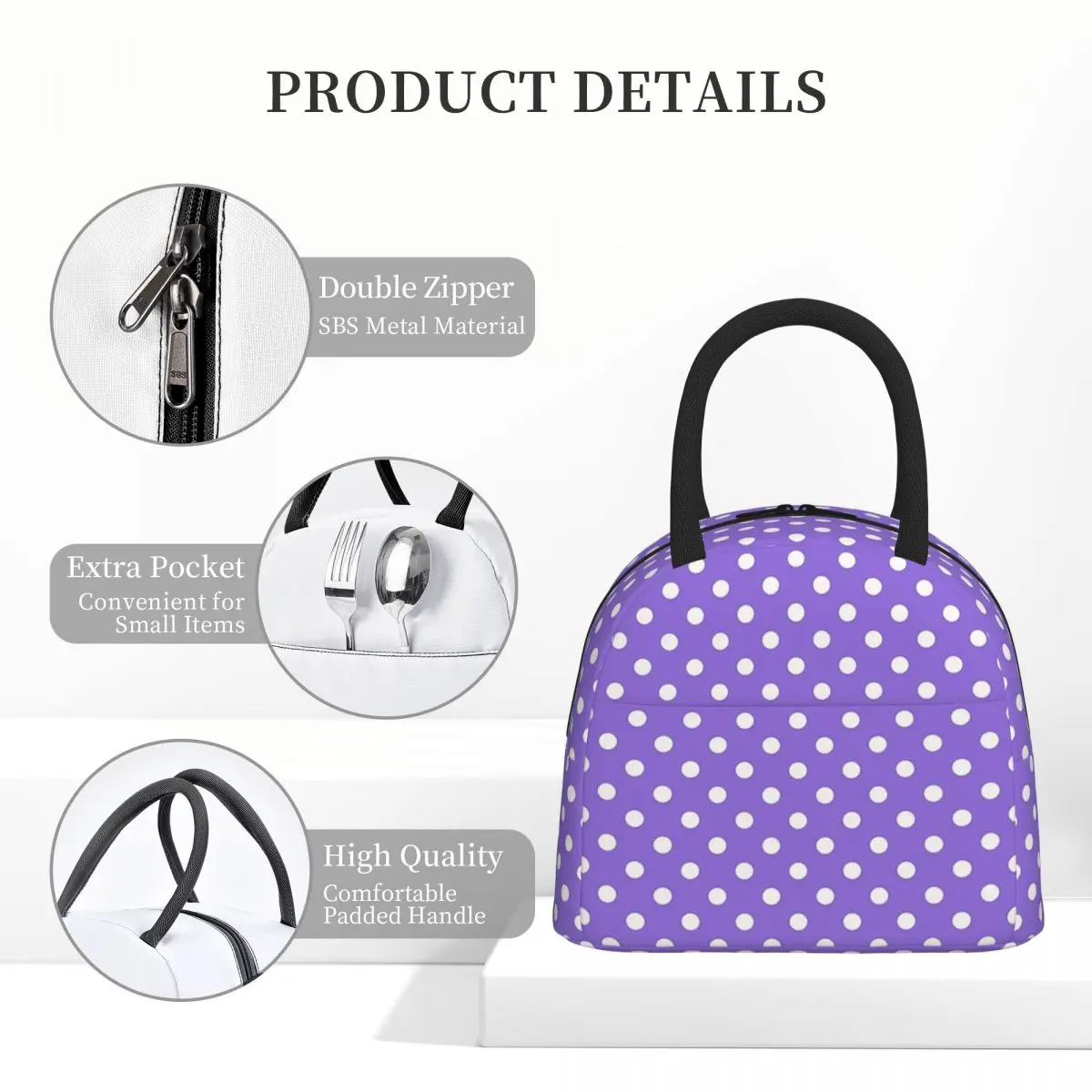 

White Polka Dots Over Purple Insulated Lunch Bag for Women Children Portable Food Boxes Thermal Lunch Box Tote