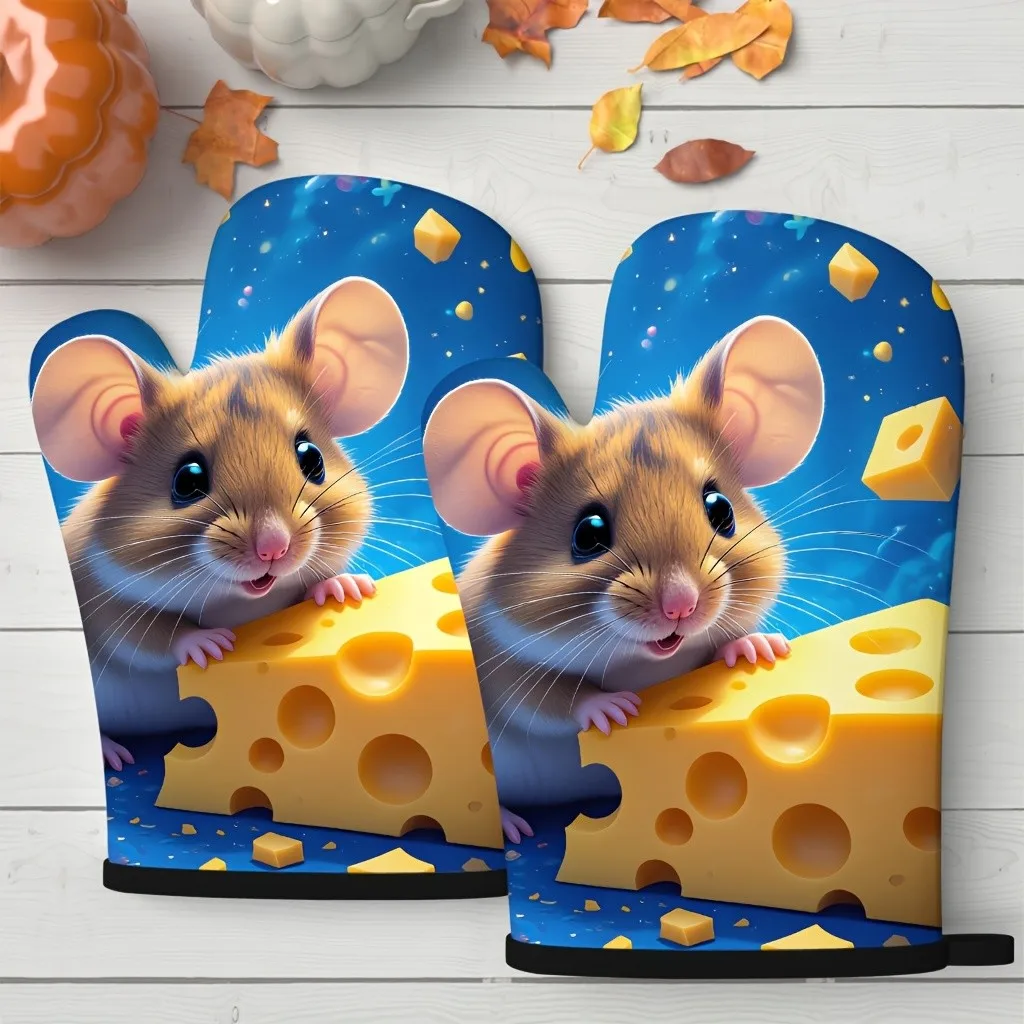 Cute Mouse with Cheese Print Oven Mitts 2-Pack Heat Resistant Polyester Kitchen Gloves for Baking Cooking