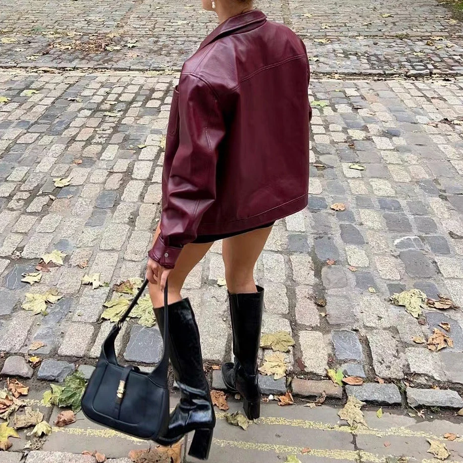 Retro Leder Drehen-unten Kragen Jacke Mode Frühling Herbst Frauen Faux Leder Kurzen Mantel Streetwear Casual Bomber Jacke