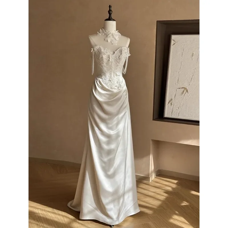 

French tube top lace light wedding dress bride retro high-end heavy industry Mori fishtail out yarn satin engagement dress