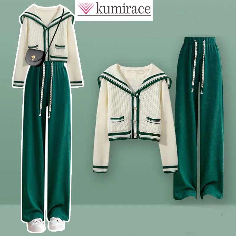 2023 Korean style patchwork knitting Hoodie cardigan sweater casual wide leg pants two-piece elegant women\'s pants set outfits