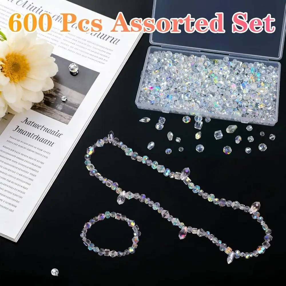 600 Pcs Crystal Glass Beads for Jewelry Making, Crystal Beads with Box, Assorted Bicone, Rondelle, Cube, Teardrop & Spacer Beads for DIY Crafts Bracelets, Necklaces, Earrings, 4/6/8mm, AB Color view 5