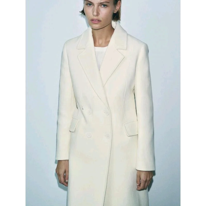 

Spring New Arrival Women's Long Sve Notch Collar Mixed Fiber Coat Jaet Commute Sle Straight Cut mid Length Double Button
