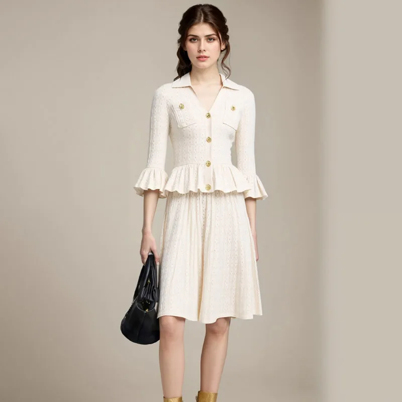 

Women knitted cotton Dress Half Sleeve A-Line V-Neck Dress 0962