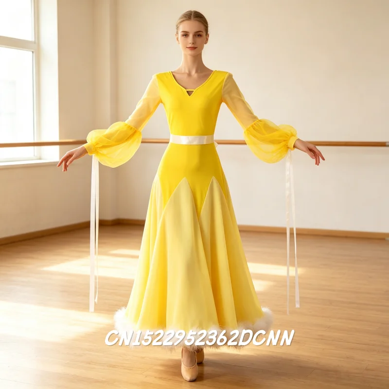 Damen Ballroom-Wettbewerbskleid: Elegantes Gelbes Standard-Walzer-Kleid für neue Ballroom-Tanzbekleidung