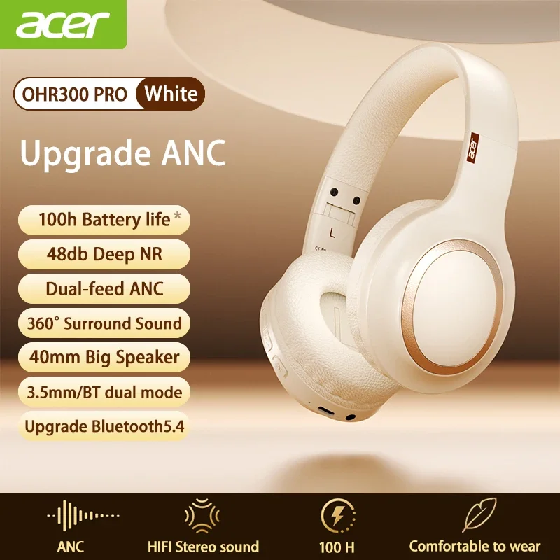 

Acer OHR300 Pro Bluetooth-наушники -48 дБ HIFI ANC с шумоподавлением, пространственные аудионаушники Hi-Res с гарнитурой LDAC Bluetooth 5.4