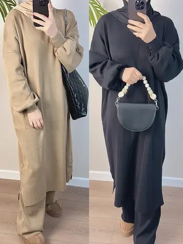 Eid 무슬림 원피스 바지 2 종 세트, 여성용 니트 스웨터, 원피스 및 와이드 레그 팬츠, 모로코 두바이 겨울 아바야 베스티도스, 긴 로브