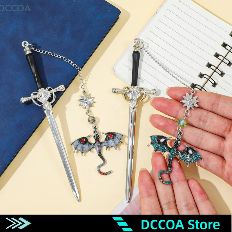 Sword-shaped Weapon Model Metal Bookmark With Double-winged Dragon Pendant Book Lovers Reading Accessories Birthday Gift