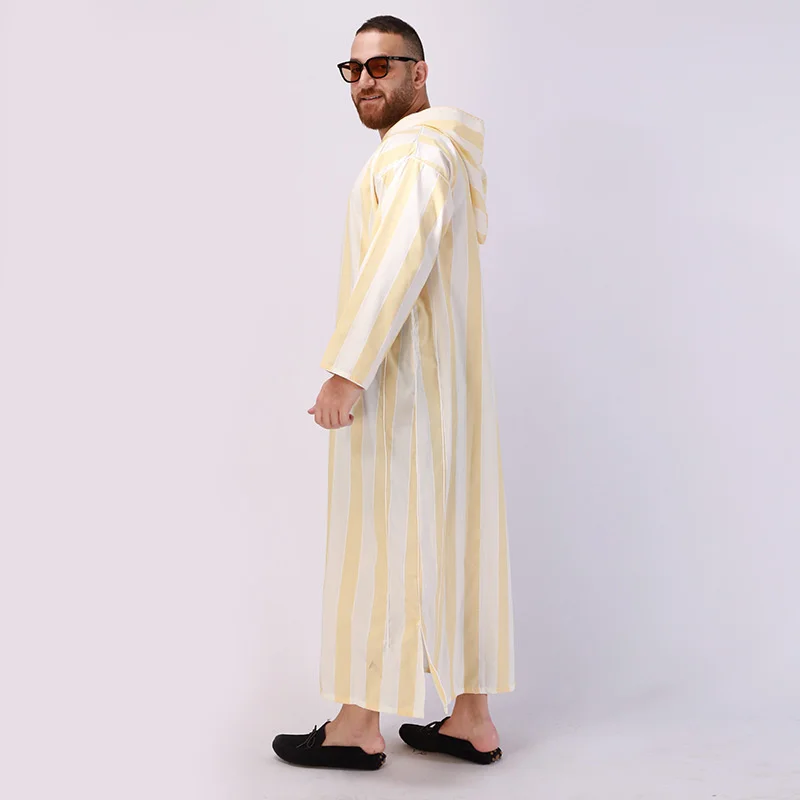 New Muslim Long Robe Men Arab Hoodie Muslim Pajamas Ethnic Costumes Gowns Men Robe Yellow Long Robe