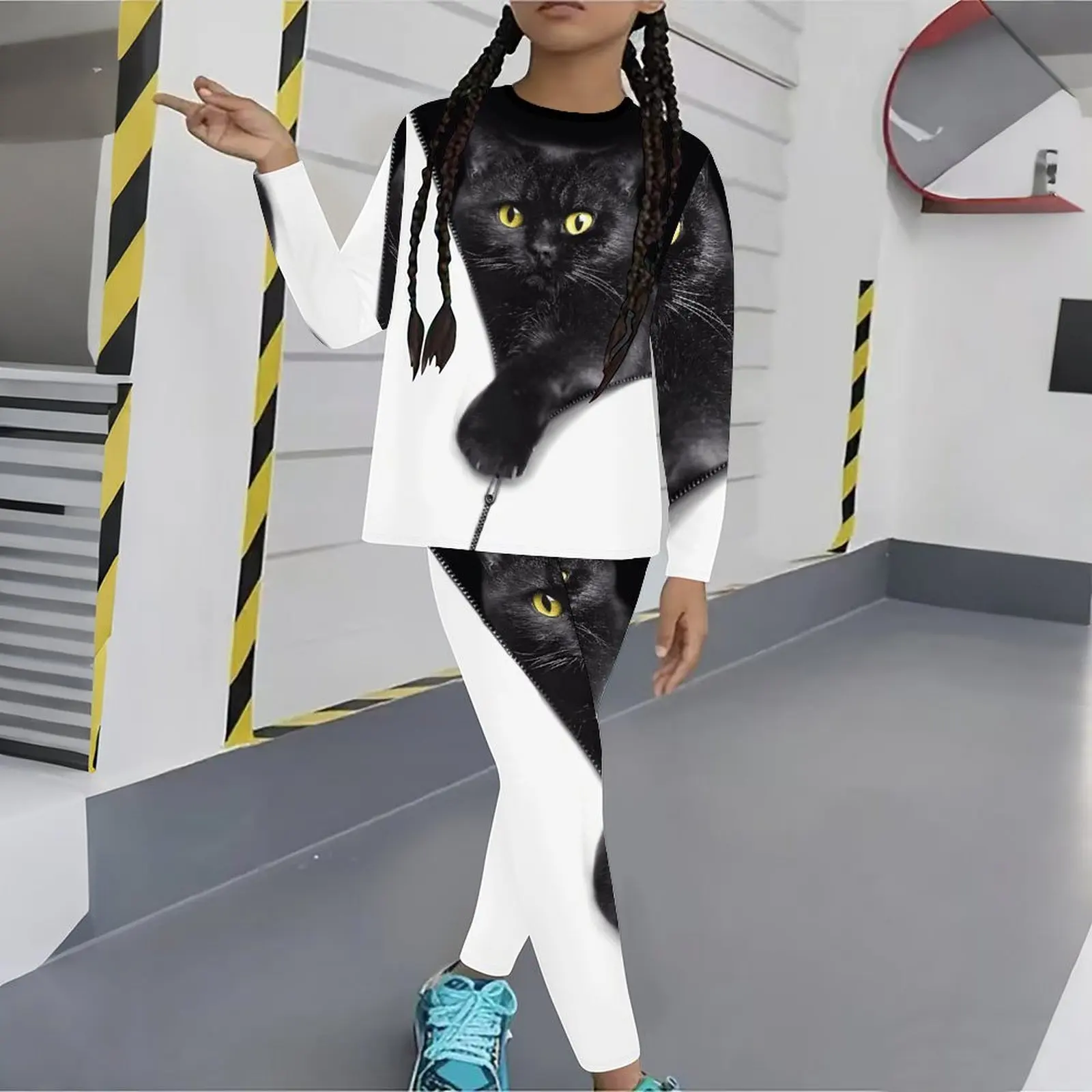 Winter Jogging Pants Girls Print Long Sleeve Round Neck Top Cute Two-Piece Daily Casual T-shirt Autumn Leggings